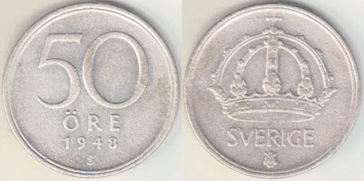 1948 Sweden silver 50 Ore A000796